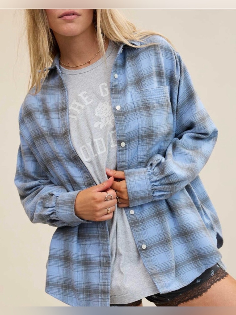 Aerie Blue & Charcoal Plaid Flannel Button-Up Shirt Size Medium